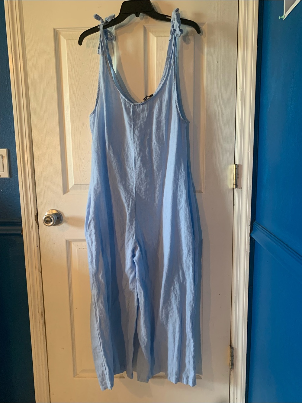 CHARLIE B Light Blue Tie-Strap Wide-Leg Jumpsuit